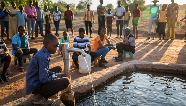 Group of people gathered around a water source outdoors during daytime.