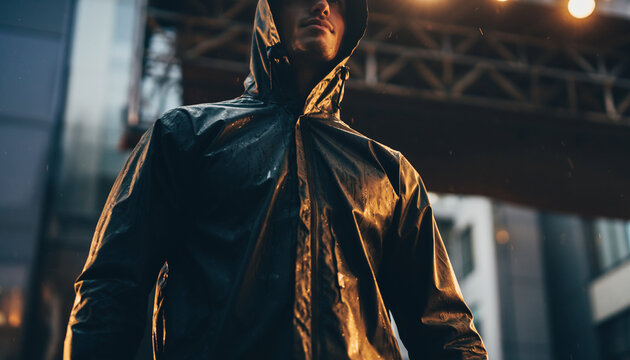 A person wearing a shiny black jacket with a hood in an urban setting.