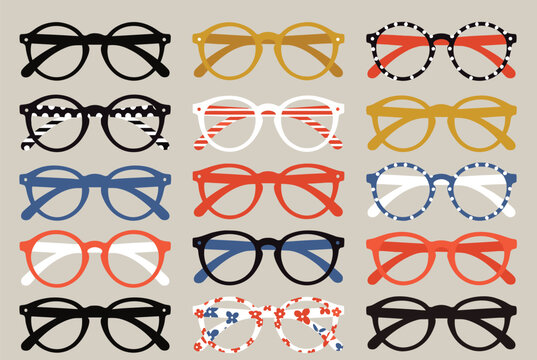 Seamless pattern of various stylish eyeglass frames in different colors and patterns like polka dots and stripes on a grey base.