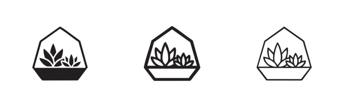 Terrarium icons set, succulent plant and glass container symbols for home decor