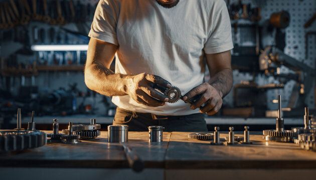 Person working with mechanical parts in a workshop or garage.