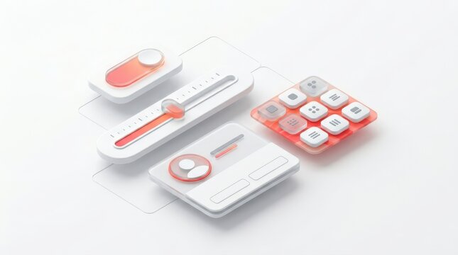 Minimalist 3D UI design elements featuring floating modular panels, switches, and sliders on a clean white background, representing web development and modern interface design.