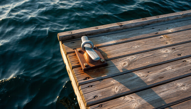 Close-up of a wooden dock with a metal cleat and shadow on water