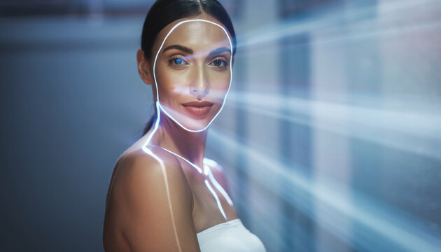 A woman with digital facial overlay and futuristic background.