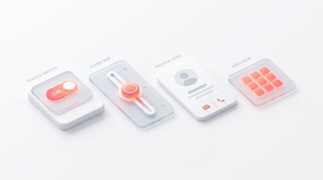 Minimalist 3D UI design elements featuring floating modular panels, switches, and sliders on a clean white background, representing web development and modern interface design.