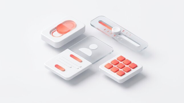 Minimalist 3D UI design elements featuring floating modular panels, switches, and sliders on a clean white background, representing web development and modern interface design.