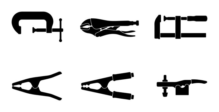Set of 6 Black Silhouette Clamps and Pliers, Industrial Tools Collection, Workshop Equipment Icons, Metal Fastening Devices