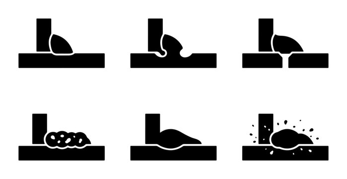 Welding Defects Icons, Metal Joining Imperfections, Industrial Process Flaws, Black and White Vector Graphics Set
