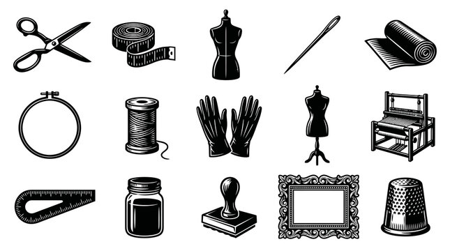 Vintage Engraving Style Line Art Icons of Sewing, Tailoring  Textile Craft Tools. Fashion Design  Handicraft Supplies Collection.