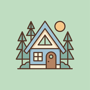 Small blue house with brown door.