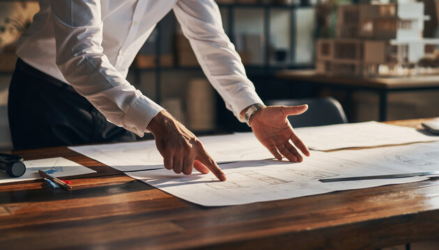 Person pointing at architectural plans on a wooden table in an office.