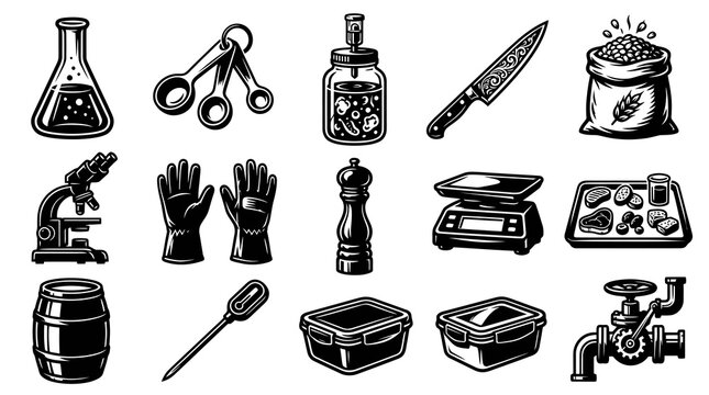 Food Science and Kitchen Laboratory Tools Icons Set - Monochrome Glyph Vector Art