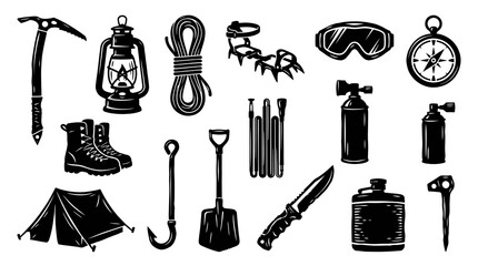 Obraz premium Black and White Vector Icons of Camping and Climbing Gear for Outdoor Adventures