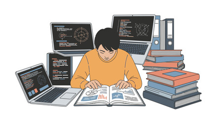 Fototapeta premium Young man immersed in coding and studying, surrounded by laptops, books, and technology, representing modern education and software development.