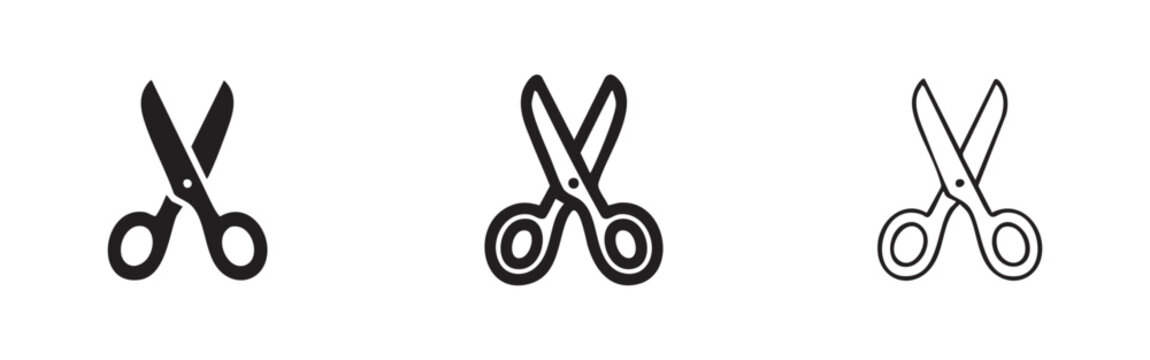 Scissors icon set in solid, outline, and thin line styles, representing cutting tools for various uses like craft or office.