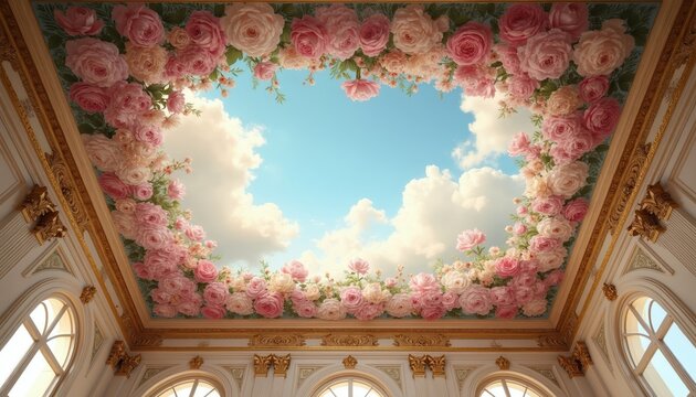 Palace interior ceiling mural with abundant pink roses and green leaves against a sky with clouds. Ornate gold trim and white walls add to the luxurious, romantic atmosphere.