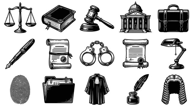 Law and Justice Icons: Scales, Gavel, Book, Court, Bag, Pen, Scroll, Cuffs, Lamp, Fingerprint, Folder, Robe, Quill, Wig - BW Line Art