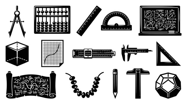 Mathematics Education  Geometry Tools Black White Glyph Vector Icons Set