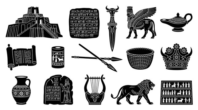 Ancient Mesopotamia Civilization Symbols Glyph Icons Set. Sumerian Babylonian Assyrian Artifacts Black and White Vector
