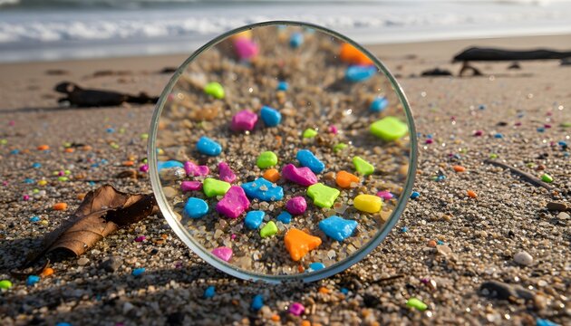 Tiny microplastic particles under magnifying glass environmental pollution concept