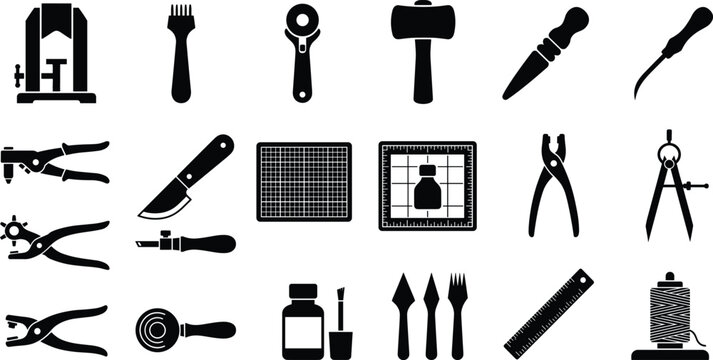 Black monochrome vector icon set of flat minimal leather crafting tools and workshop equipment silhouettes for handmade design projects