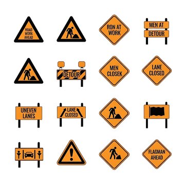 Set of road construction signs and traffic warnings icons.