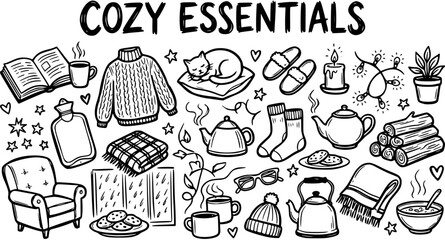 Fototapeta premium Black and White Line Art Hand Drawn Cozy Essentials Illustration for Winter Lifestyle and Home Comfort Elements Collection
