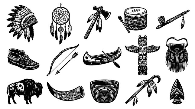 Native American Icons: Warbonnet, Dreamcatcher, Totem Pole, Canoe, Buffalo, Pipe, Axe