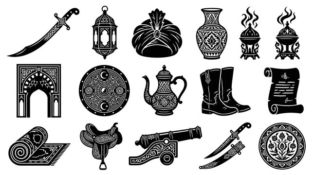 Islamic Icons: Vintage Sword, Lantern, Turban, Vase, Boots, Scroll