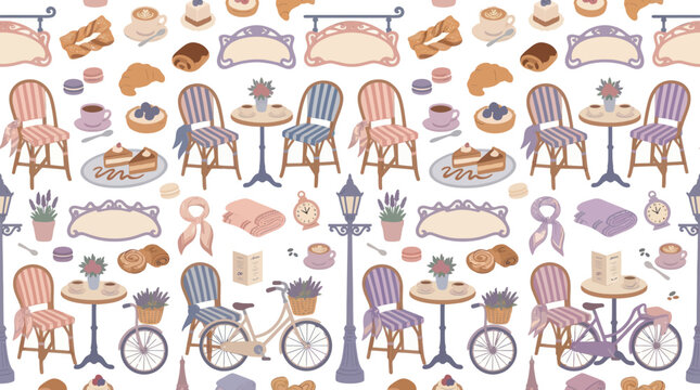 Charming French Cafe  Patisserie Elements Seamless Pattern