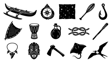Fototapeta premium Polynesian Tribal Nautical Adventure Vector Icons Set - Black and White Glyphs