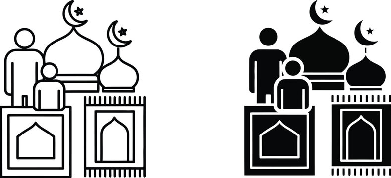 Family praying at mosque with minarets Vector