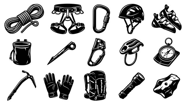 Climbing and Mountaineering Equipment Black  White Vector Set: Rope, Harness, Helmet, Ice Axe Icons
