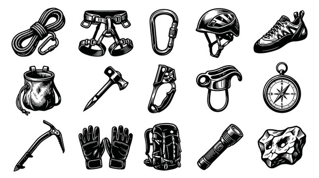 Black  White Engraving Style Climbing  Mountaineering Equipment Set - Adventure Gear Icons