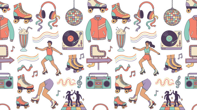 Hand-drawn Retro Roller Disco Seamless Pattern. Fun 80s 90s Skaters, Skates, Music, and Party Icons.