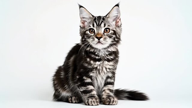 An adorable Maine Coon kitten with striking tabby fur and tufted ears sits calmly on a clean white studio background, looking up with curiosity, observing.