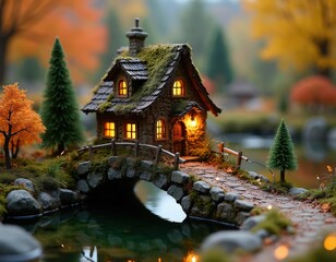 Fototapeta premium Tiny mossy stone house sits on arched stone bridge over calm water. Autumn trees glow with warm light. Miniature village scene evokes cozy, fairy tale charm. Peaceful, magical atmosphere.