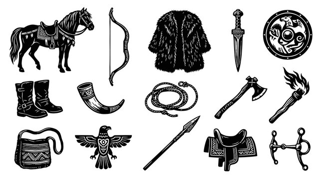Viking Warrior Objects Black And White Line Art Vector Set Horse Armor Sword
