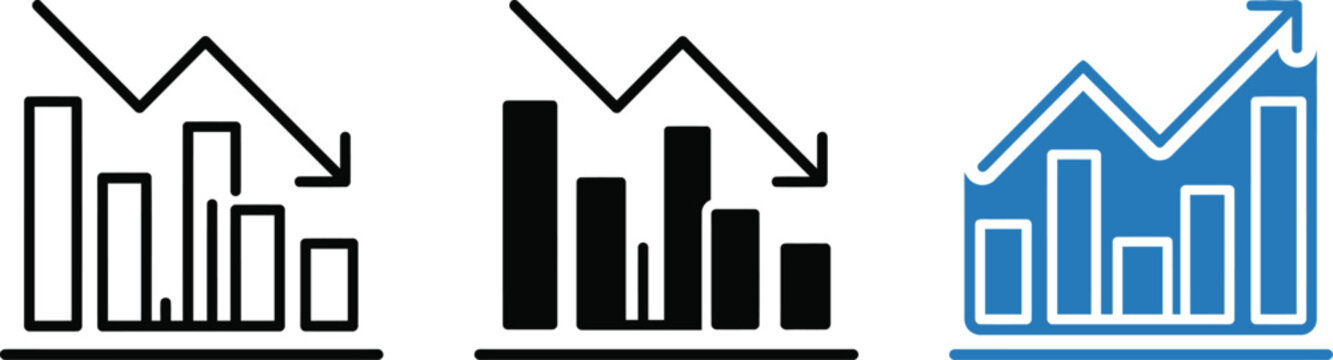 Set of bar chart icons with trend lines showing growth and decline