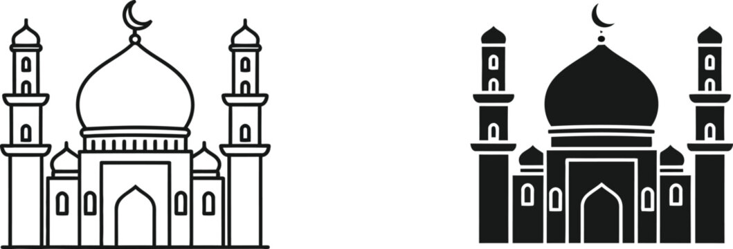 Mosque silhouette with dome and minarets Vector
