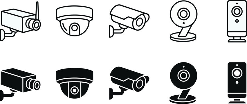 Set of security camera icons, surveillance system, cctv vector illustration