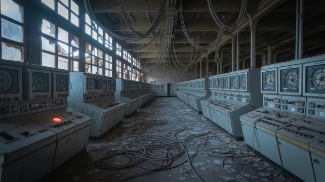 Abandoned Control Room with Rows of Vintage Computer Consoles and Overhead Cabling