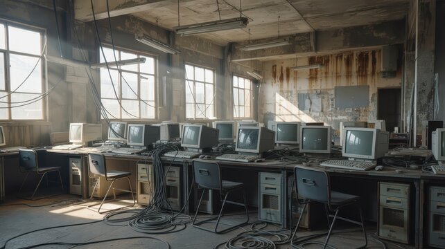 Abandoned Computer Lab with Old Monitors and Dusty Windows in Derelict Building