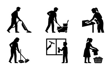 Fototapeta premium Cleaning Service Icons: Housekeeping Silhouettes, Janitorial Tasks, Home Maintenance Vector Set