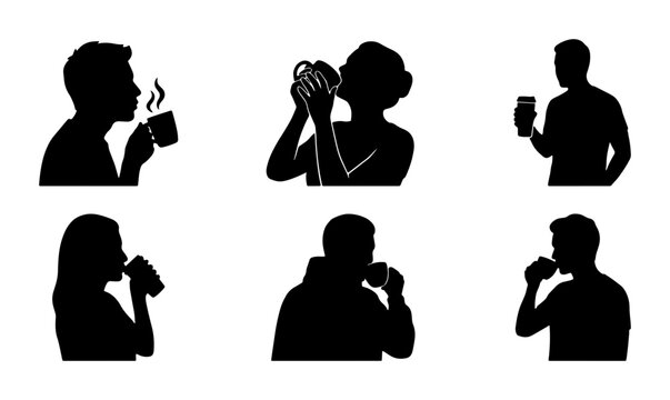 Silhouette Icons: People Enjoying Hot Beverages, Coffee & Tea Moments, Vector Set for Lifestyle and Refreshment Concepts