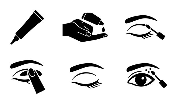 Cosmetic Application Icons, Skincare Routine Steps, Beauty Product Usage, Eye Makeup Tutorial Graphics, Vector Set