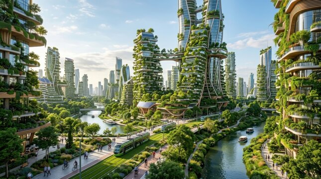 Futuristic sustainable city with lush vertical gardens and integrated green spaces along a river.