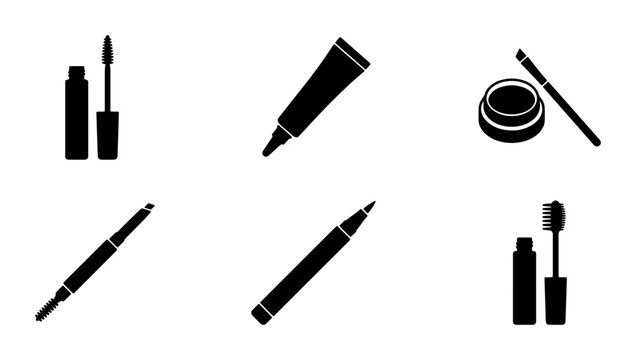 Cosmetic Makeup Icons Set, Beauty Product Vector Graphics, Mascara, Eyeliner, Cream, Brush Collection for Glamour and Fashion Design