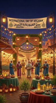 International Day of Argania Celebration with Traditional Moroccan Market Scene.