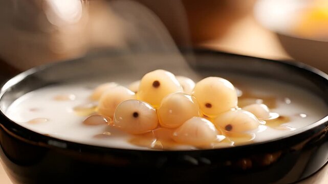 Steaming Bowl of Sweet Lychee Dessert with Coconut Milk.